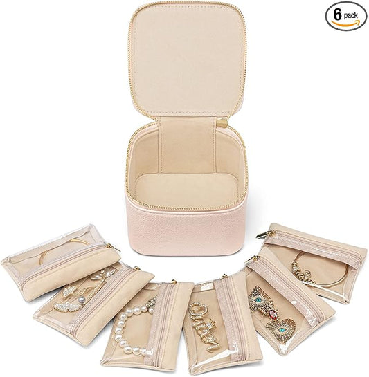 VLANDO Gifts for Teachers,Jewelry Box with 6 Velvet Jewelry Bags Travel Jewelry Storage for Women Girl Jewelry Organizer Necklace Rings Earrings Bags Gifts for Women(Pink)