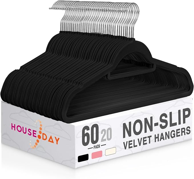 HOUSE DAY Premium Velvet Hangers 60 Pack, Non-Slip Hangers with Tie Bar | Elegance Black Standard Clothes Hanger Slim Felt Hanger with 360° Swivel Hook for Closet Organized Storage，72g/Pc