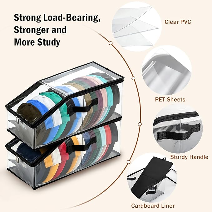 Foldable Clear Baseball Cap Storage Organizer – Stackable Transparent Hat Display Case with Zipper Closure 2 Pack– Space-Saving Protective Unit for Baseball Caps & Accessories Black Trim