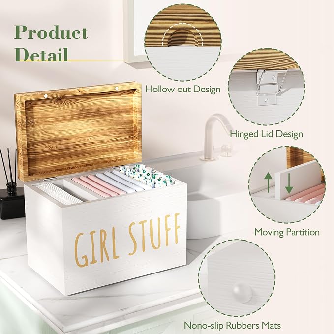 Tampon Holder for Bathroom with Hinged Lid, Feminine Product Organizer, Bathroom Period Products, Toilet Organizer, Bathroom Accessories Box for Girl Stuff (White)