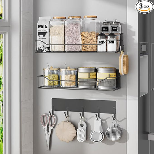 Magnetic Spice Rack for Refrigerator, 3 Pack Metal Magnet Spice Organizer Shelf with Hook Rack, Magnetic Fridge Shelves for Kitchen Organization and Storage, Seasoning Organizer Gadgets (Black)