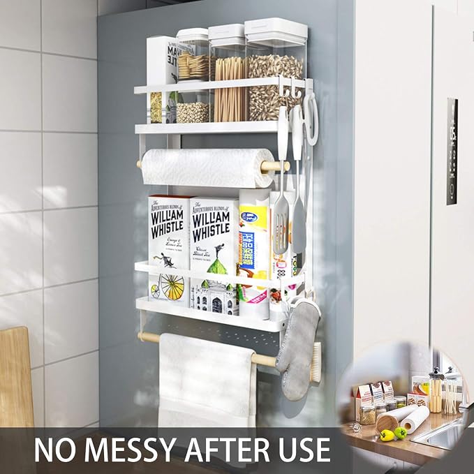 EASTTOWEST Magnetic Spice Rack,4 Tier Kitchen Magnetic Shelf for Refrigerator with 2 Paper Towel Holders and 5 Removable Hooks,Matte White