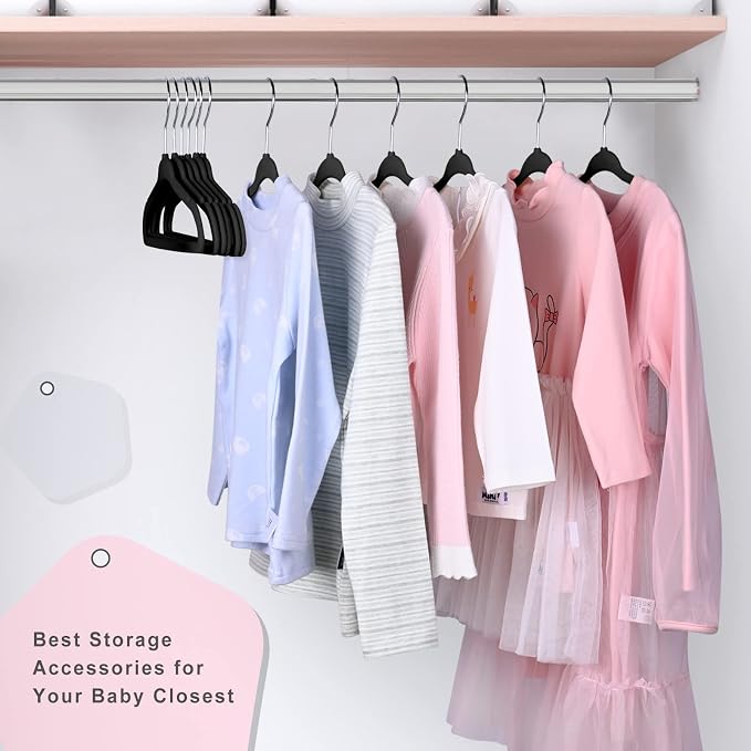 BAGAIL 50 Pack Kids Velvet Hangers 14 Inches Children's Clothes Hangers Non-Slip Baby Hangers for Infant/Toddler (Black)
