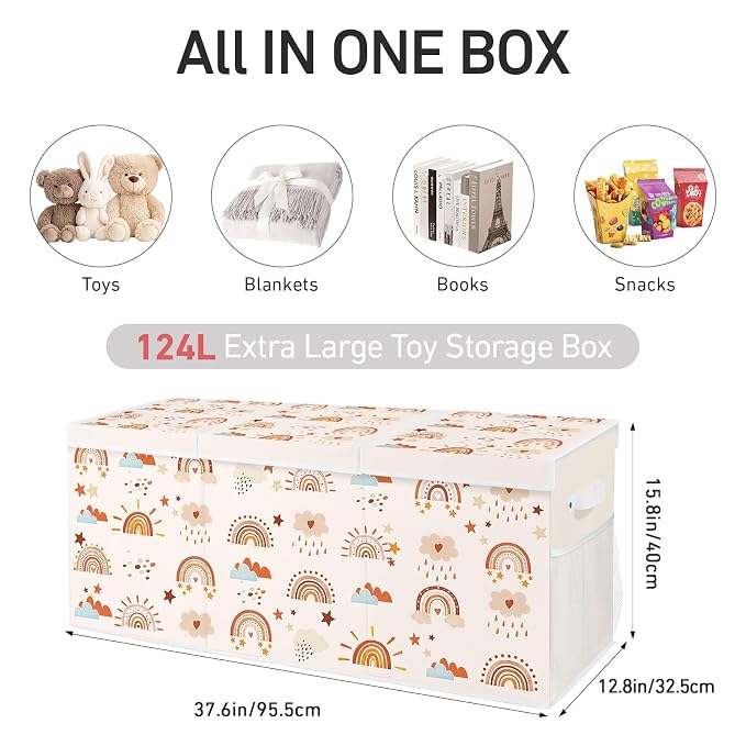 Extra Large Collapsible Toy Box with Lids, Sturdy Storage Organizer for Kids, 38"x16"x13" Toy Chest for Playroom, Nursery, Bedroom, Living Room (Boho Rainbows)