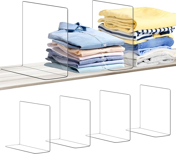 OKPOW Shelf Dividers for Closet Organization: 4 Pack Durable Clear Acrylic Divider Organizer for Shelves - Vertical Adjustable Shelving Separators for Clothing Purse