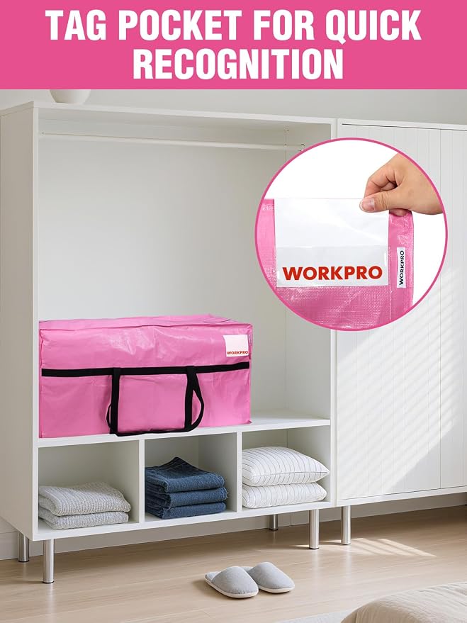 WORKPRO 2-Pack 66 Gallon Extra Large Moving Bags with Zippers & Carry Handles, Heavy-Duty Storage Totes for Moving, Dorm Move-In, Travel & Space-Saving Organization, Pink