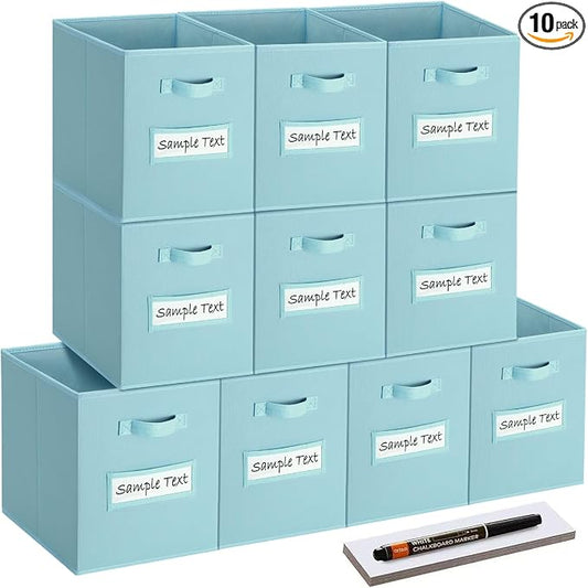 13x13 storage cube bins (Set of 10) Foldable Fabric storage cubes with 10 Labels Window Cards & a Pen,13 inch cube storage bins,Closet Organizers for Shelves,Cubby Organizer Boxes,Blue