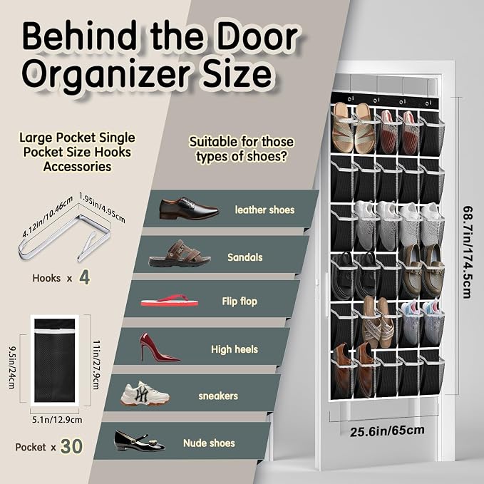 Kotkn Over the Door Shoe Organizer with 30 Breathable Mesh Pockets - Large Capacity Closet Storage for Men & Women, Hanging Shoe Rack Organizer (Solid black)