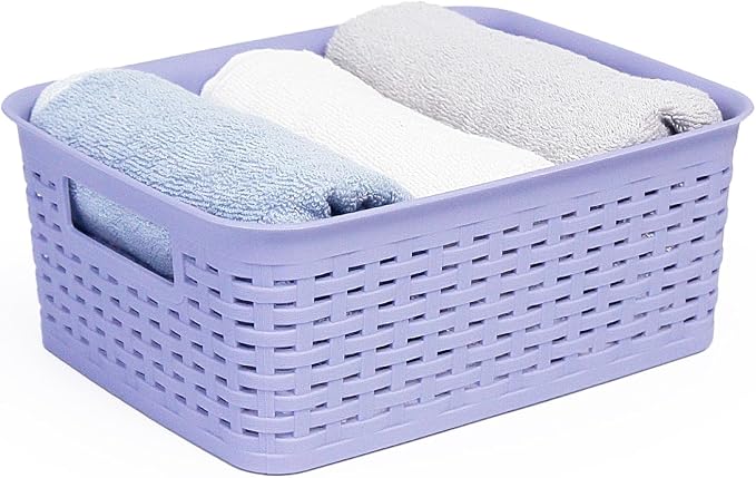 Plastic Storage Baskets for Cabinets, Household Pantry Organization with Handle,Organizer Bins for Room,Bathrooms,Under-Sink,Kitchen (Purple, S-3PACK)