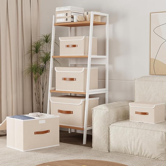 Yawinhe Collapsible Storage Boxes, Stackable Linen Fabric Baskets, Bin with lid and Leather Handle, Washable, for Home, Closet, Beige, 10.2x7.9x6.7 In, 3-Pack, SNK024BEN-3