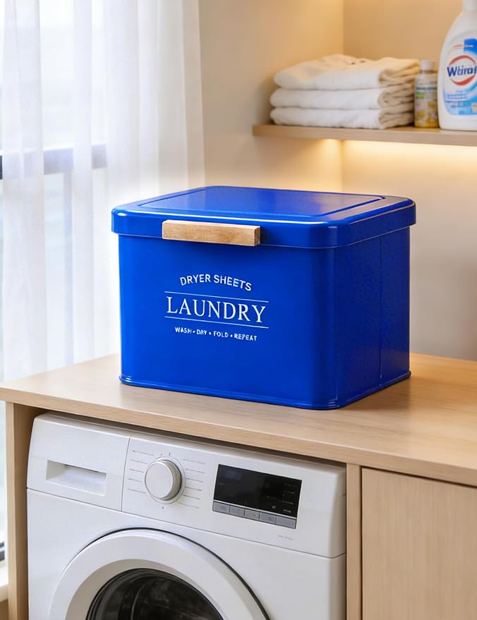 Dryer Sheet Holder with Hinged Lid for Laundry Room Organization, Metal Farmhouse Dryer Sheet Container, Laundry Room Decor and Accessories (Dark Blue)