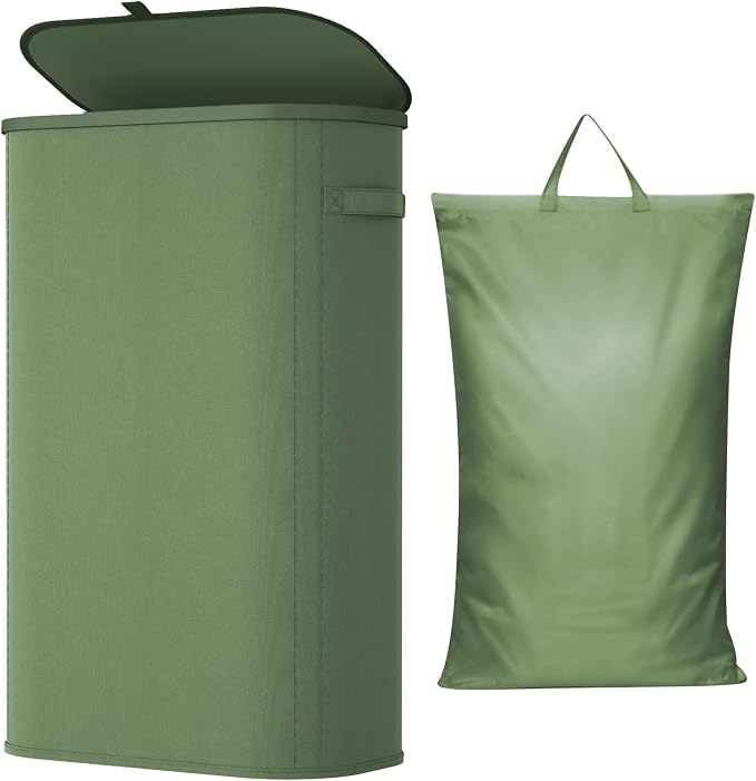 Lifewit Slim Laundry Basket with Lid, Narrow Large Laundry Hamper with Plastic Handles and Removable Bag, Tall Foldable Dirty Clothes Hampers for Laundry Room, Bedroom, Bathroom, Dorm, 65L Green