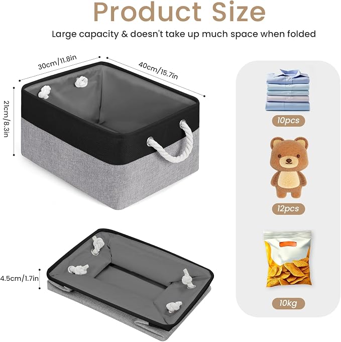 Large Storage Baskets- 15.7x11.8x8.26 inch Storage Bins for Shelves and Closet Organizing, Foldable Fabric Bin for Home Organization Clothes and Laundry (3-Pack, Black&Gray)