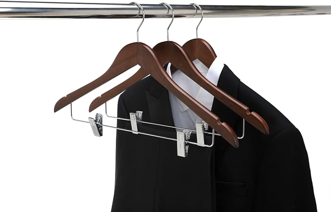 Quality Wooden Skirt Hangers with Clips 80-Pack Walnut Pants Hangers with Adjustable Chrome Metal Clips, Swivel Hook, Coat, Jacket, Blouse Suit Hangers (Walnut - Chrome Hook, 80)