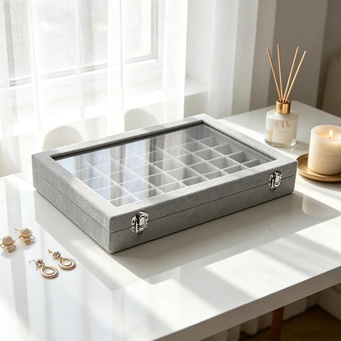 Stratalife 48 Grid Earring Organizer: Jewelry Holder Organizer Box with Clear Glass Lid, Velvet Jewelry Storage for Studs, Earrings, Rings, Necklace with Removable Dividers for Dresser, Grey