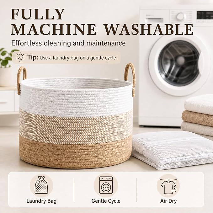 JMvicyroam 65L Extra Large Blanket Basket for Living Room - Woven Cotton Rope Laundry Hamper with Reinforced Handles - Storage Bin for Pillows, Comforters & Toys - Machine Washable,White&Jute Mix