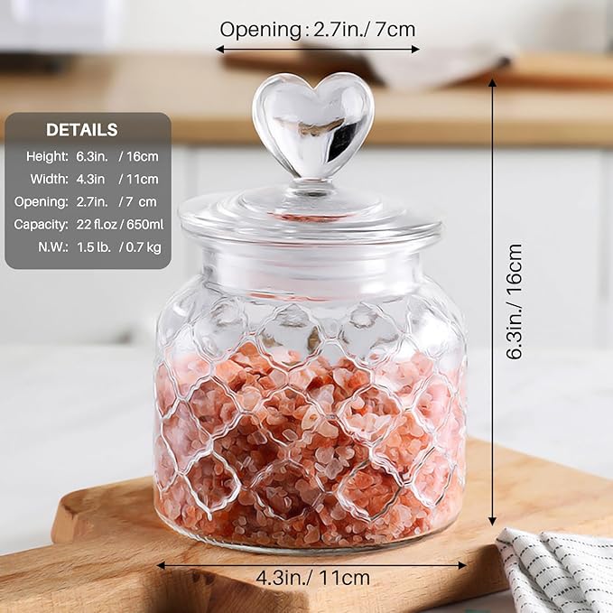 22 oz Clear Glass Canister with Cute Heart shaped Lids Set, Food Storage Glass Jars with Airtight Lids for Kitchen and Dining Room, Grid/Set of 2