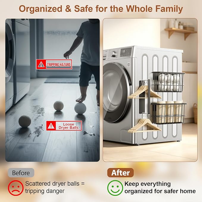 FAMNONE Magnetic Laundry Organizer, Dryer Ball Holder & Hanger Rack | Magnetic Lint Bin, Fridge Basket, Washer Dryer Organizer, Metal Magnetic Basket for Kitchen, Fidge, Laundry