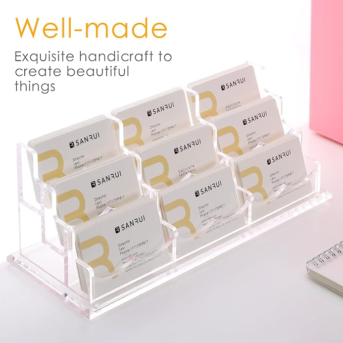 SANRUI Clear Horizontal Business Card Holder Stand for Desk, Acrylic Desktop Display Name Cards Holders Organizer Storage Rack,for Exhibition, Home, Office,3 Tier 9 Pocket, 540 Card Capacity