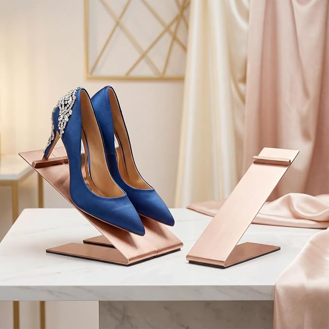 Therwen 4 Pcs Gold Shoe Display Stand Shoe Rack Stainless Steel Golden Metal Riser High Heel Display Rack Holder for Home Shopping Malls (Shape V,Rose Gold)