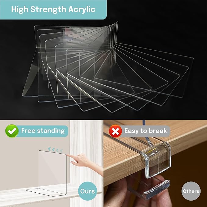 OKPOW Acrylic Shelf Dividers for Closet Organization: 12" Tall x 10" Deep Durable 8 Pack Clear Shelves Separators for Clothing Adjustable Purse Organizer