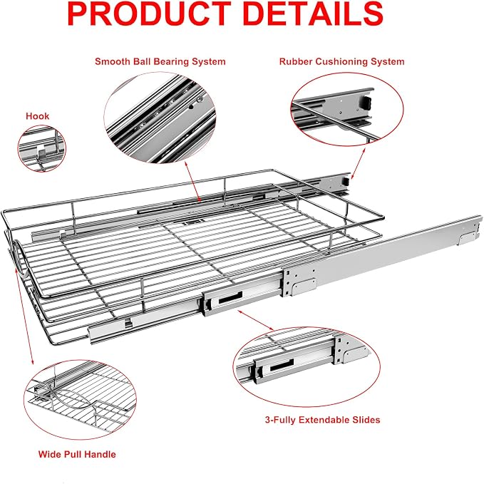 Sikarou Pull Out Cabinet Organizer 17" W x 21" D, Heavy Duty Kitchen Cabinet Pull Out Shelves, Slide Out Wire Basket for Kitchen Cabinets, Bathroom, Pantry, Chrome Finish