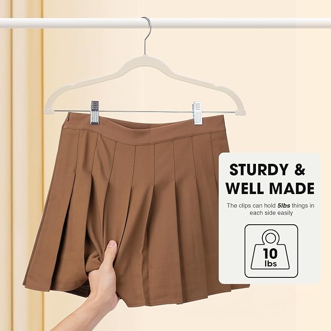 48-Pack Beige Velvet Hangers with Clips Adjustable,Adult Hangers,Heavy-Duty,Felt,Non-Slip,Space Saving,Slim Outfit Hanger for Pants, Skirts, Suits,Coats, Dresses ect.