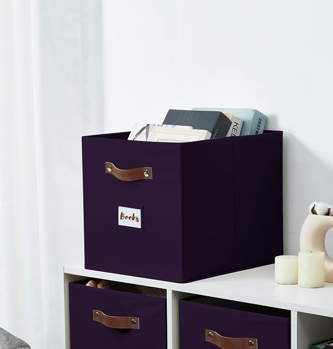 DECOMOMO Storage Bins, Storage Baskets for Shelves | 13" x 15" x 13" Storage Cube Bins with Labels for Organizing Shelves (Kallax, 4pcs, Deep Violet)