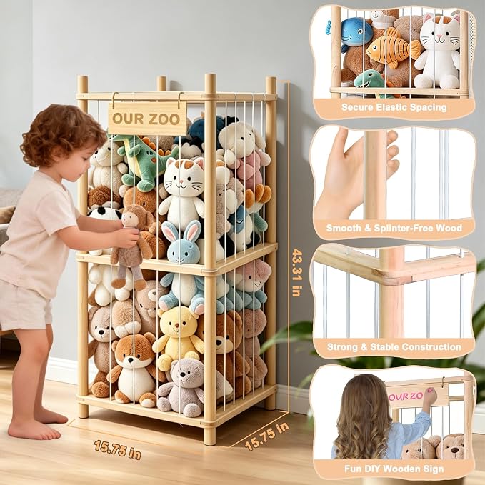 Stuffed Animal Storage, Wood Stuffed Animal Zoo Storage, Space Save Toy Organizer, Large Capacity Stuffed Animal Holder, Perfect for Nursery Playroom Kidroom Bedroom
