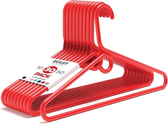 DEILSY™ Heavy Duty Plastic Hangers 30 Pack - Extra Heavy Duty Hangers for Clothes, Thick Red Plastic Hangers, Strong Clothes Hangers with Hook for Scarves & Belts