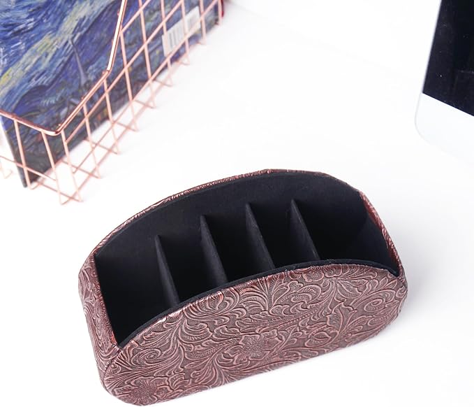 Remote Control Holder, PU Leather Remote Caddy Desktop Organizer with 5 Spacious Compartments for TV Remotes/Media Controllers/Office Supplies (1-Carved Copper Red