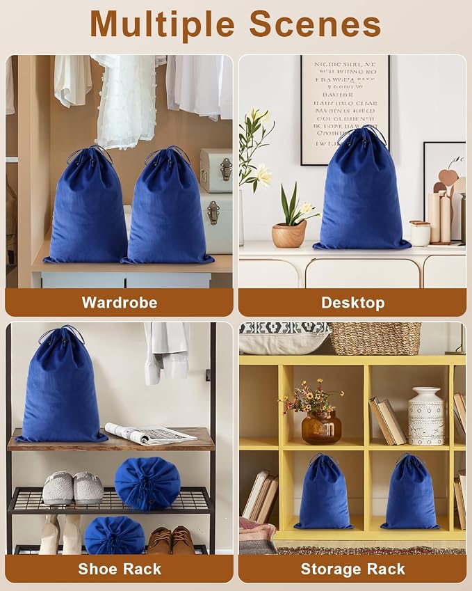 4 Pcs Shoe Bags for Travel, Dust Velvet Bags, Palace Blue, 17.3x12.6 Inch | Washable & Reusable Travel Shoe Bags, Dustproof Shoe Bags with Drawstring Closure, Suitable for Travel, Home Storage