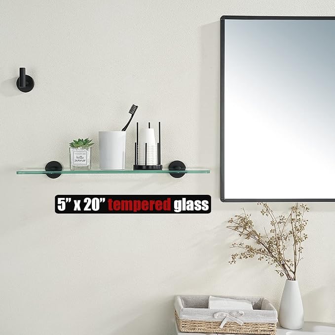 JQK Bathroom Glass Shelf Black, Tempered Glass Shower Storage 20 by 5 inches, 304 Stainless Steel Matte Black Wall Mount, TGS101L20-PB