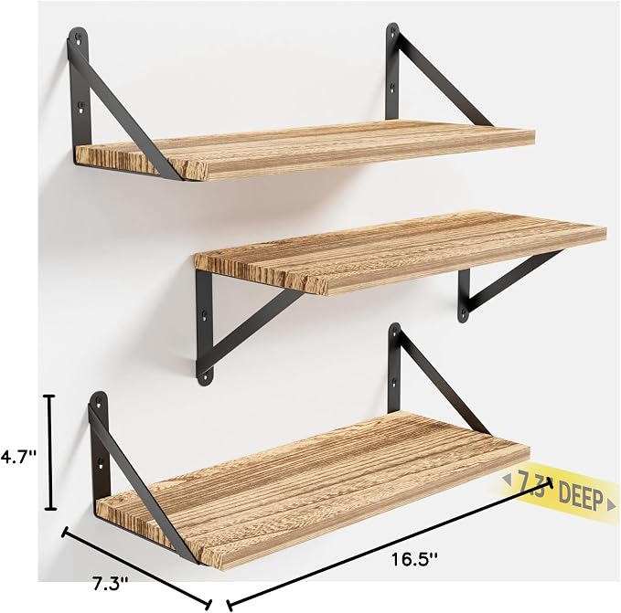COCOYA Wall Shelves 7.3" Deep Solid Paulownia Wood (Light Brown, Set of 3) | 15mm Thick, Wider & Longer & Stronger, Easy to Install, Floating Bookshelves, For Bathroom Bedroom, Office Storage Organizer