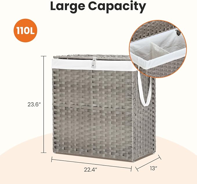 DUMOS Wicker Laundry Basket with Lid, 110L Woven Laundry Hamper with Handles, Foldable Rattan Clothes Hamper with Removable Liner & Sturdy Steel Frame, Dove Gray