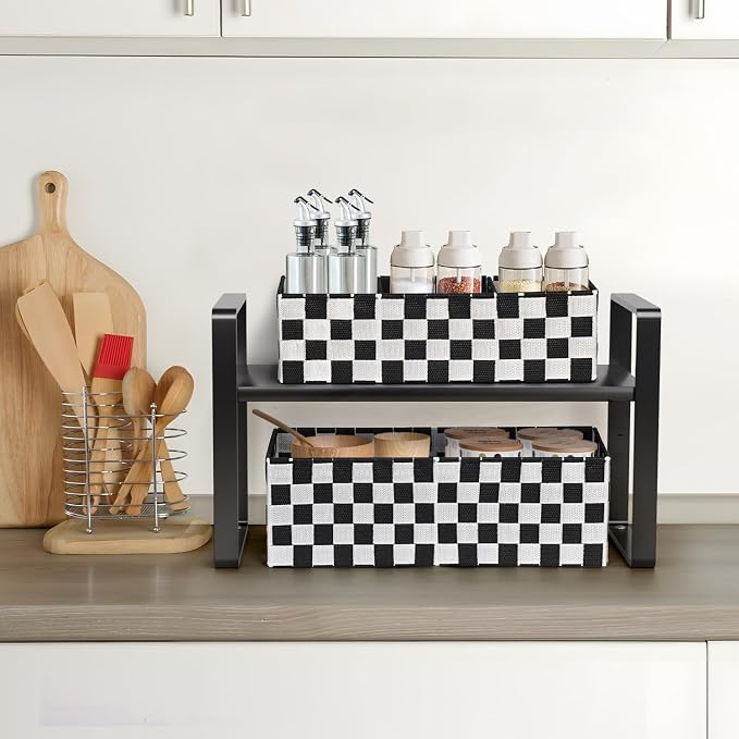 Woven Storage Baskets Bins Container, 16” Checker Pattern Ribbon Metal Wire Desk Organizer, Drawer Dresser Baskets, Countertop Toilet Paper Storage Containers (Black & White),2-Pack