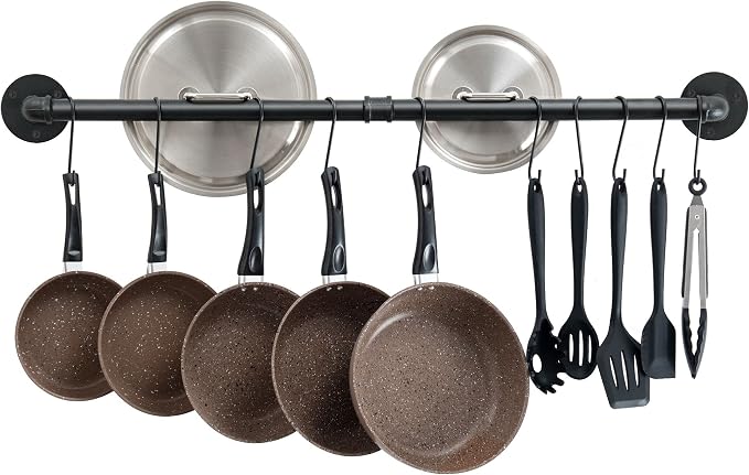 OROPY 38'' Pot Rack Wall Mounted, Iron Pipe Hanging Pot Rack, 14 S Hooks | Industrial Utensils Kitchen Hanging Rail, Pot and Pan Organizer, Pot Lid Organizer, Black