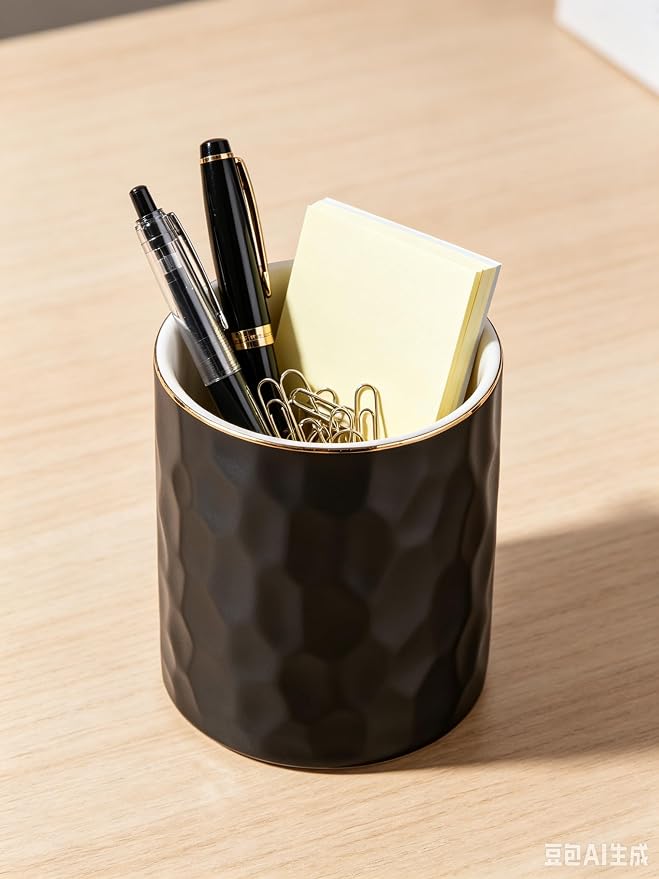 Ceramic Pen Holder Stand Cup Pencil Holder Organizer Makeup Brush Holders for Home Office Desk (Black)