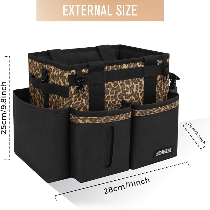 SCAVATA Compact Wearable Cleaning Caddy, Small Cleaning Supplies Organizer with Handle & Shoulder Straps for Housekeepers, under Sink & Car Cleaning Tool Organizers Bag (Leopard)
