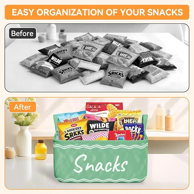 Snack Basket for Pantry & 5 Seal Clips - Snack Bin Organizer for Countertop - Imitation Linen Snack Storage Containers for Storing Chips, Pretzels, Cookies, Popcorn and more (1, Green)