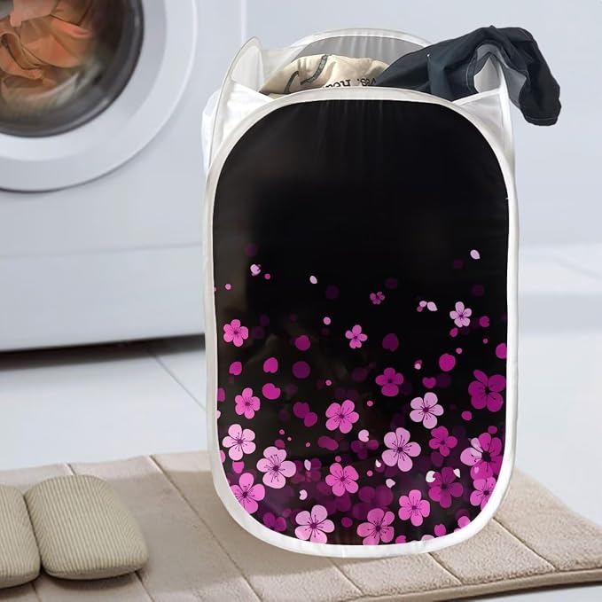 AFPANQZ Mesh Pop-Up Laundry Hampers Collapsible Clothes Basket with Side Pocket, Cherry Blossom Foldable Save Place Steel Frame and Easy to Fold 61L, 13.5x13.5x21 inches