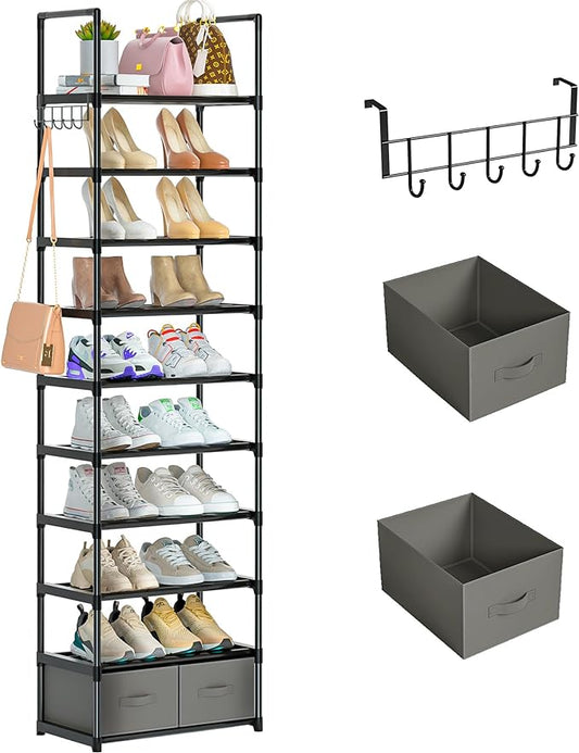 OYREL Tall Shoe Rack Narrow 10 Tier Shoes Rack 20 25 Pairs, Shoe Storage Organizer for Closet, Sturdy Metal Shoe Shelf Shoe Stand with 2 Boxes 1 Hook