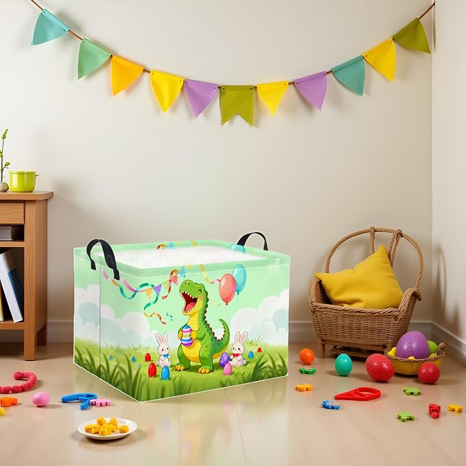 Rectangular Easter Basket for Home Kitchen Baby Girls Basket Cute Storage Bin Organizer Shelf Book Room Decor(Happy Dinosaur)