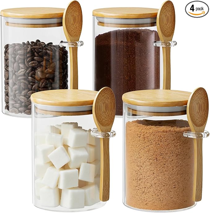 Glass Sugar Container with Spoon - 4 Pack 15oz Glass Jars with Bamboo Lid and Spoon, Bamboo Lid Storage Jar Containers for Coffee Beans, Spice, Brown Sugar, Tea, Flour, Nuts, Candy, Salts and More