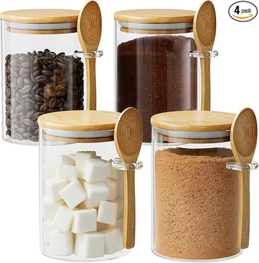 Glass Sugar Container with Spoon - 4 Pack 15oz Glass Jars with Bamboo Lid and Spoon, Bamboo Lid Storage Jar Containers for Coffee Beans, Spice, Brown Sugar, Tea, Flour, Nuts, Candy, Salts and More
