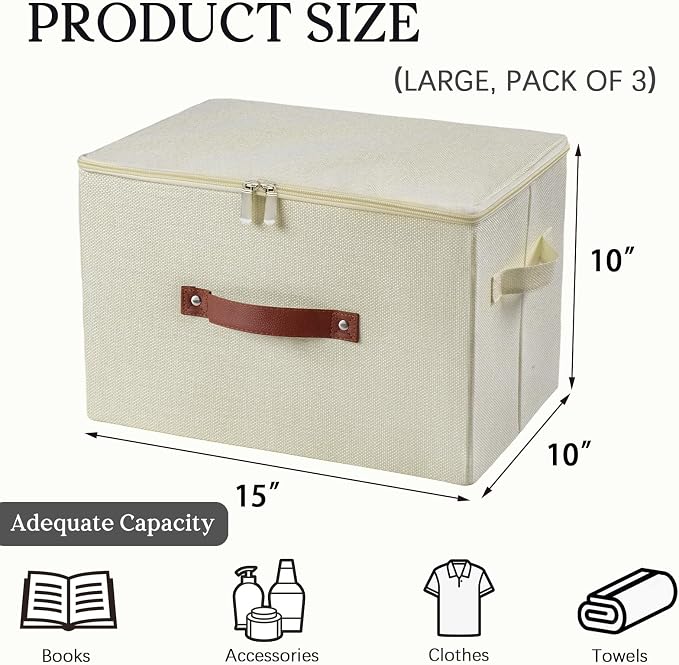 3 Pack Storage Bins with Zipper Lid Fabric Lidded Storage Boxes Baskets Cubes Washable Collapsible PU Leather Handle Cotton Linen Fabric Shelf Closet Organizer Container(Beige, Large Size)