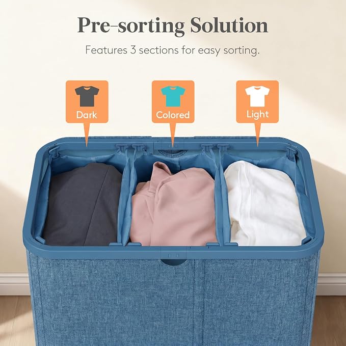 Lifewit 185L 3 Section Laundry Hamper with Lid, Large Laundry Basket with Handles and Removable Bags, Tall Clothes Hamper, Foldable Laundry Sorter for Bedroom Bathroom, Dark Blue