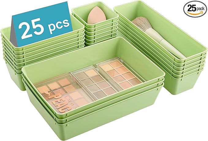 Vtopmart 25 PCS Plastic Drawer Organizers Set, 4-Size Versatile Bathroom and Vanity Drawer Organizer Trays, Storage Bins for Makeup, Bedroom, Kitchen Gadgets Utensils and Office, Light Green