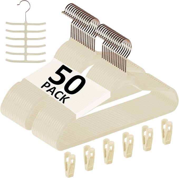 VECELO Premium Velvet Clothes Hangers Suit Heavy Duty (50 Pack)-Non Slip & Space-Saving with 6 Finger Clips & Tie Rack Excellent for Men and Women,Light Beige