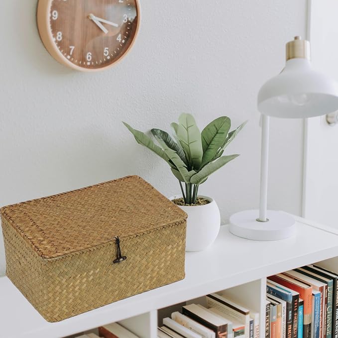 Wicker Storage Basket with Lid, Natural Seagrass Woven Shelf Basket for Storage, Rectangular Decorative Storage Bins Boxes Home Organizer Decor (Natural, Medium)
